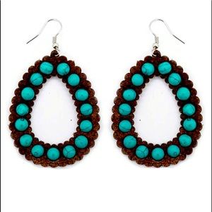 TURQUOISE BEADED FAUX LEATHER TEARDROP EARRINGS